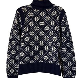 Women's Ralph Lauren Blue‎ White Snowflake Lambswool Turtle Neck Sweater Size M